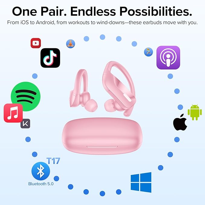 Wireless Sport Earbuds Bluetooth Headphones with Mic 80H Playtime IPX5 Waterproof Ear Buds Deep Bass Earphones Over Ear Headset for Running Gym Workout - Pink-StrideForce Fitness