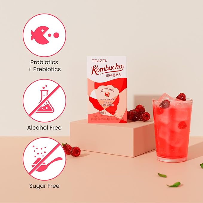 TEAZEN Raspberry Kombucha Tea, Hydration Drink Mix, Sugar Free, Live Probiotics & Prebiotics, 10 Sticks, 1.76oz-StrideForce Fitness