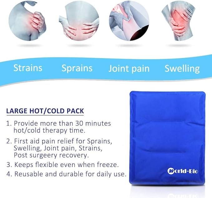 WORLD-BIO Large Gel Ice Pack Wrap for Injuries, Reusable Cold Compress Therapy Ice Pack with Straps for Swelling, Bruises, Hip, Knee Replacement Surgery, Back, Shoulder,11" x 14" Blue-StrideForce Fitness