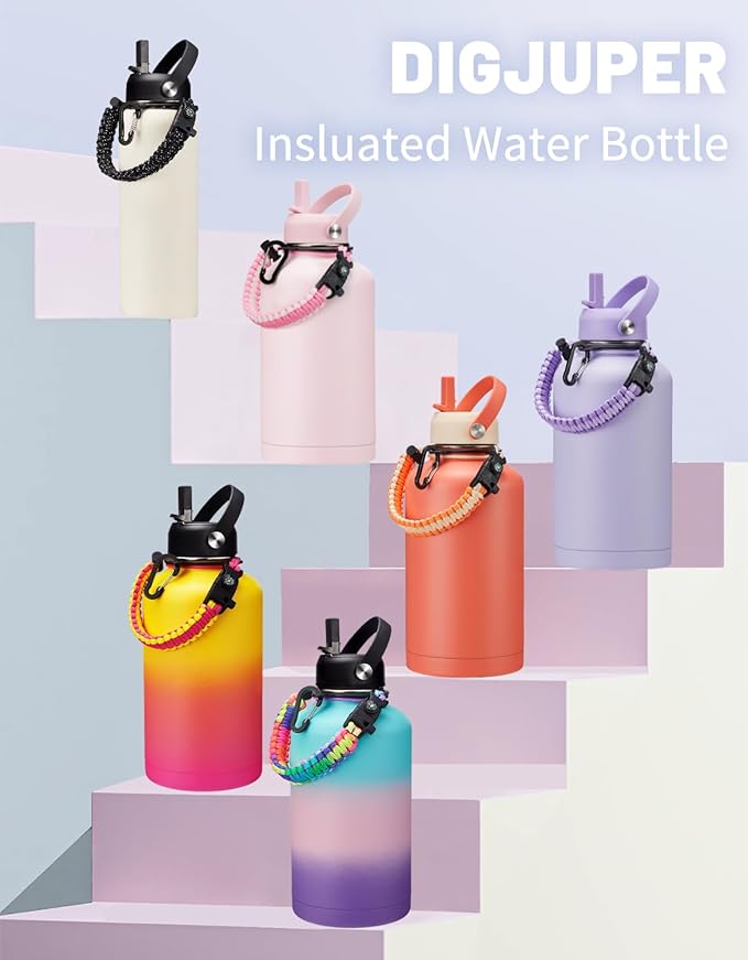 Insulated Water Bottle 64oz - w/Paracord Handle, Straw & Spout Lids, Carrier Bag, Half Gallon Sport Stainless Steel Water Flask Jug, Thermo Mug Double-wall Vacuum Water Bottle-StrideForce Fitness