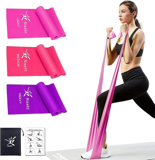Therapy Flat Resistance Bands Set, Latex Free Flat Elastic Exercise Stretch Bands for Stretching, Flexibility, Pilates, Yoga, Ballet, Gymnastics, Rehab, Workout, Pink, Purple, Blue (3 Pack, 5 FT long)-StrideForce Fitness