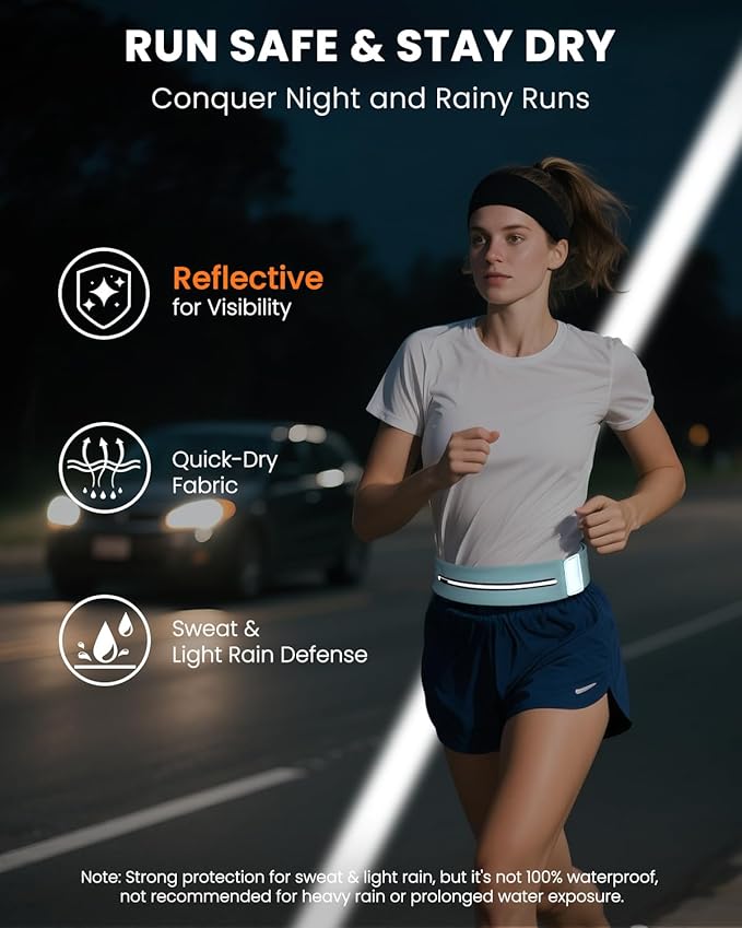 Running Belt for Women and Men, Adjustable Fanny Packs No Bounce Phone Holder for Running with Water Bottle & Headband, Waterproof Reflective Waist Packs for Runner Fits All Phones (L-Blue)