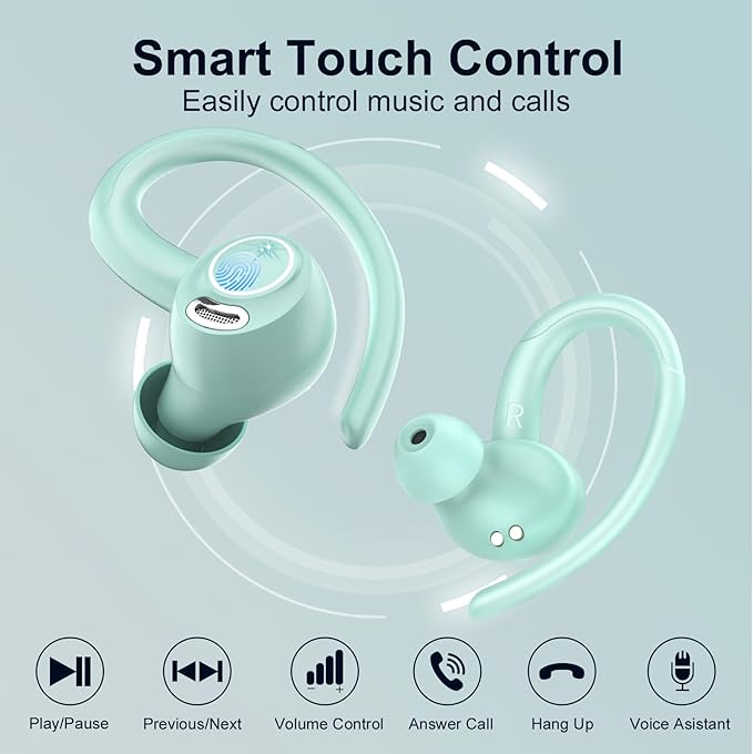 Wireless Earbuds Bluetooth 5.3 Headphones Sports, 48Hrs Playtime Bluetooth Earbuds with CVC 8.0 Mic, Stereo Bass Over Ear Bud with Earhooks, LED Display, IP7 Waterproof Earphon for Running Misty Blue-StrideForce Fitness