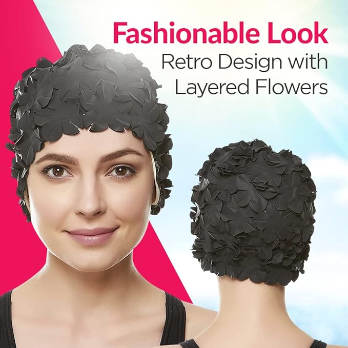 BEEMO Floral Petal Ladies Bathing Swim Cap Women Retro Swim Hat Long/Short Hair-StrideForce Fitness