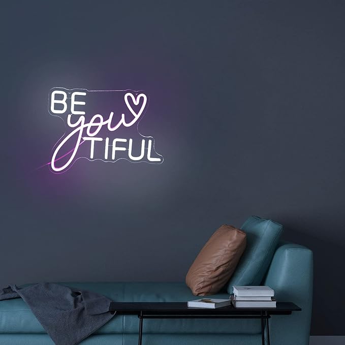 Be Your Tiful Neon Sign Dimmable Letter Neon Signs White Pink Wall Decorative Lights Powered USB with Switch for Bedroom Kid Room Shop Apartment Birthday Party Wedding (15.7’’X11.8’’)-StrideForce Fitness