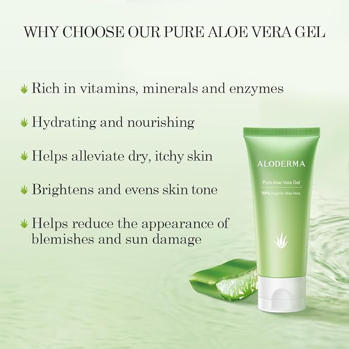 Aloderma Organic Aloe Vera Gel - 1.5oz, Unscented, Hydrating, Soothing, Cooling, Instant Relief for Skin & Sunburn, USDA Organic