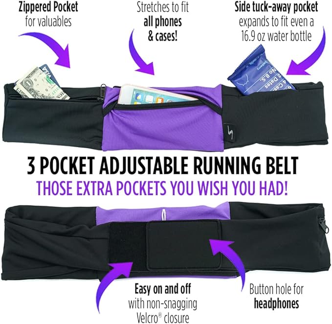 3 Pocket Adjustable Running Belt Waist Pack, Fanny Pack For Working Out With Sweat Resistant Backing, Holds All iPhone Models (Tie Dye/Black, Large/XL)-StrideForce Fitness