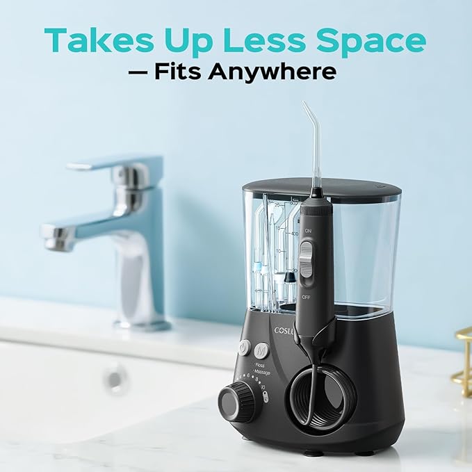 COSLUS Excellent Water Flosser for Teeth Cleaning: 12 Pressure Settings & 2 Modes for Orthodontic, Braces, Sensitive - Patented Storage, 5 Jet Tips and 600ML Tank for Family, Home Use, Black, E2