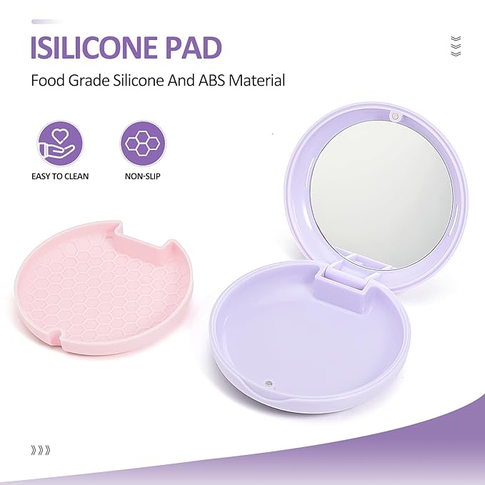 Retainer Case with Mirror,Slim Aligner Case with Vent Holes,Cute Dental Brace Box with Retainer Removal Tool and Brush (Purple Pink)