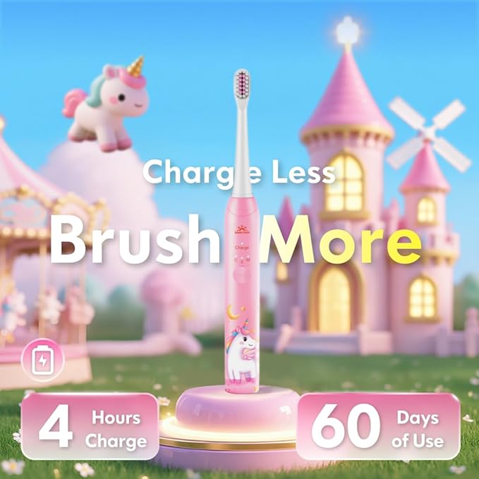 Kids Toothbrush Electric Girls Electric Toothbrush Rechargeable Age 3-5-6-12-18 Year Old, 3 Modes 4 Vibrating Heads Habit-Forming Stickers 31000VPM Girls Toothbrush (Unicorn Pink)