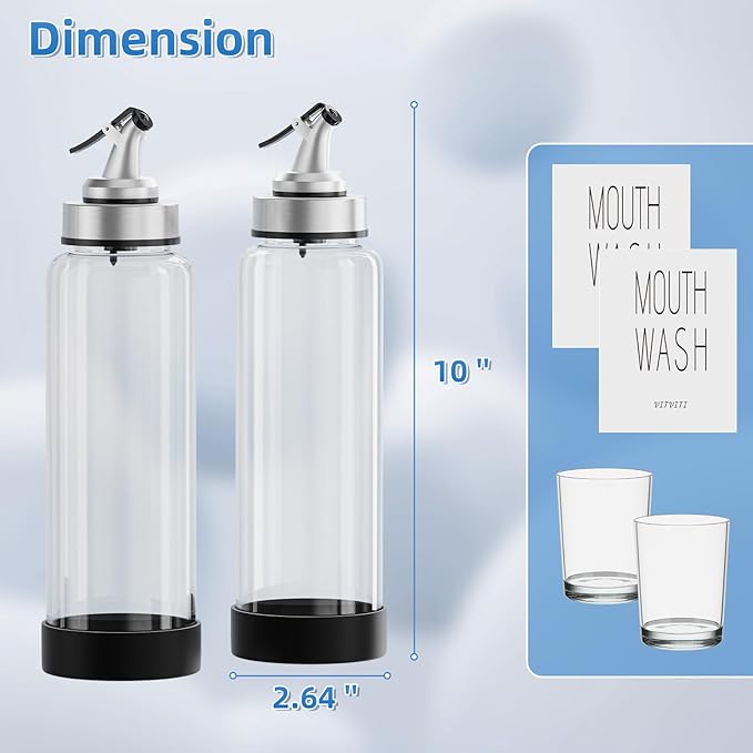 VITVITI Mouthwash Dispenser for Bathroom, Glass Mouth Wash Container with 2 Glass Cups, Press Lid 17OZ Clear Refillable Mouthwash Bottle Decanter with Silicone Pad/Labels, Set of 2