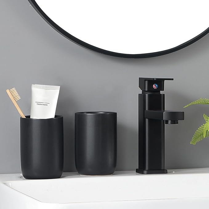 Matte Black Toothbrush Holders for Bathrooms - 2 Cups Ceramic Toothbrush Toothpaste Holders Set, Black Bathroom Tumbler Cups Reusable Toothbrush Cup Black Mouthwash Cup, Bathroom Counter Organizer