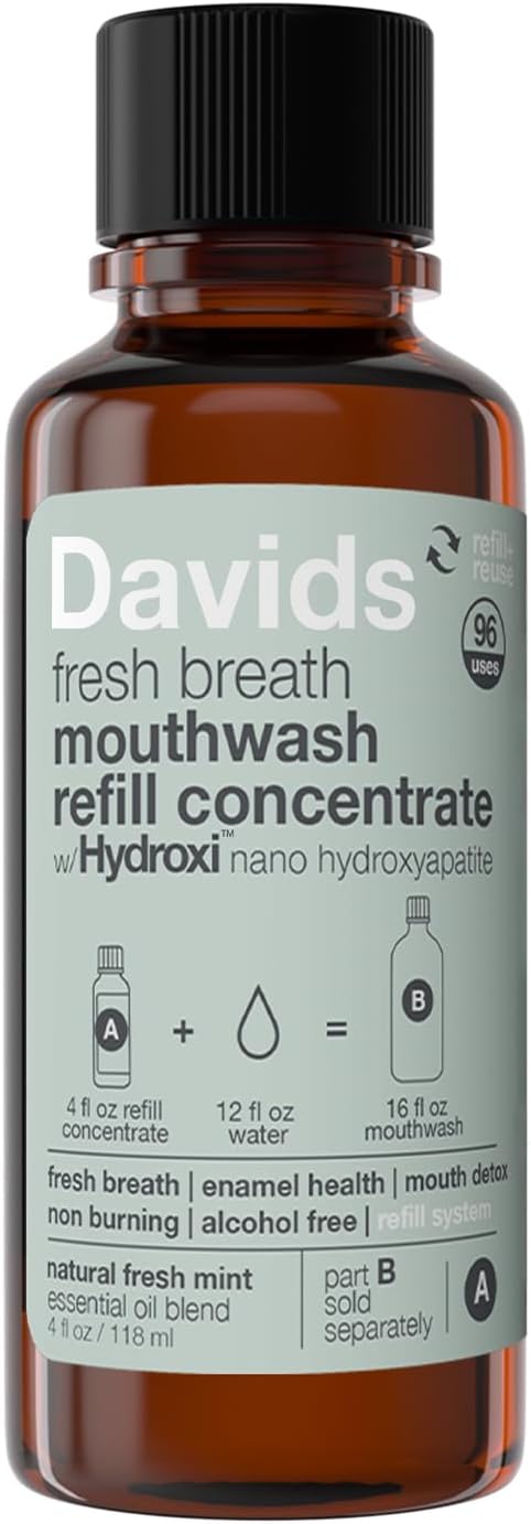 Davids Hydroxi Nano-Hydroxyapatite Mouthwash Refill, Alcohol-Free, Fluoride-Free, Remineralizing for Sensitive Teeth & Enamel Health, Gum Detox, Relieves Dry Mouth, Concentrate Makes 16 fl oz