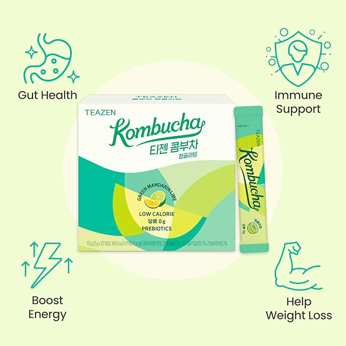 TEAZEN Green Mandarin Lime Kombucha Tea, Hydration Drink Mix, Sugar Free, Live Probiotics & Prebiotics, 30 Sticks, 5.29oz-StrideForce Fitness