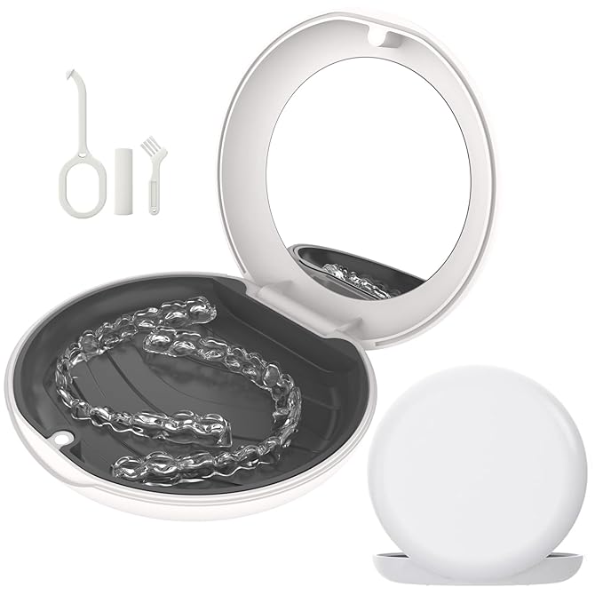 Retainer Case with Mirror, Compatible with Invisalign, Cute Slim Orthodontic Aligner Case with Silicone Pad, White