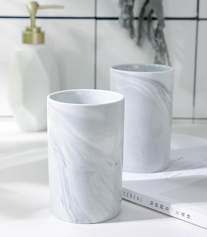 Kelake Ceramic Rustic Gray Marble Bathroom Tumbler Cup for Mouthwash Rinsing Toothbrush and Toothpaste Holder Stand Cups 280 ml Porcelain Milk Drinking Cups for Christmas Birthday