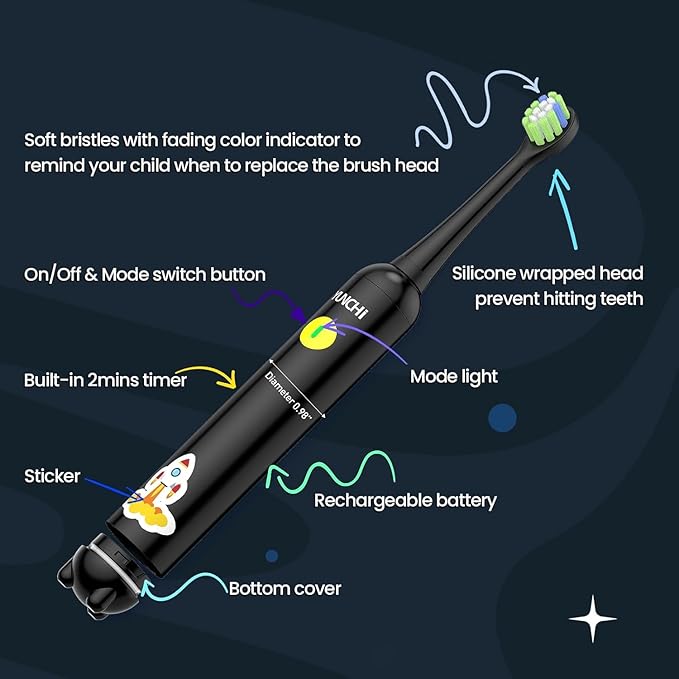 YUNCHI K5 Kids Rechargeable Electric Toothbrush with Waterproof Stickers, 3 Modes with 2 Minutes Timer, for Boys Age 4-6-8-12, Toddler Children Sonic Toothbrush with 4 Replacement Heads Soft, Black