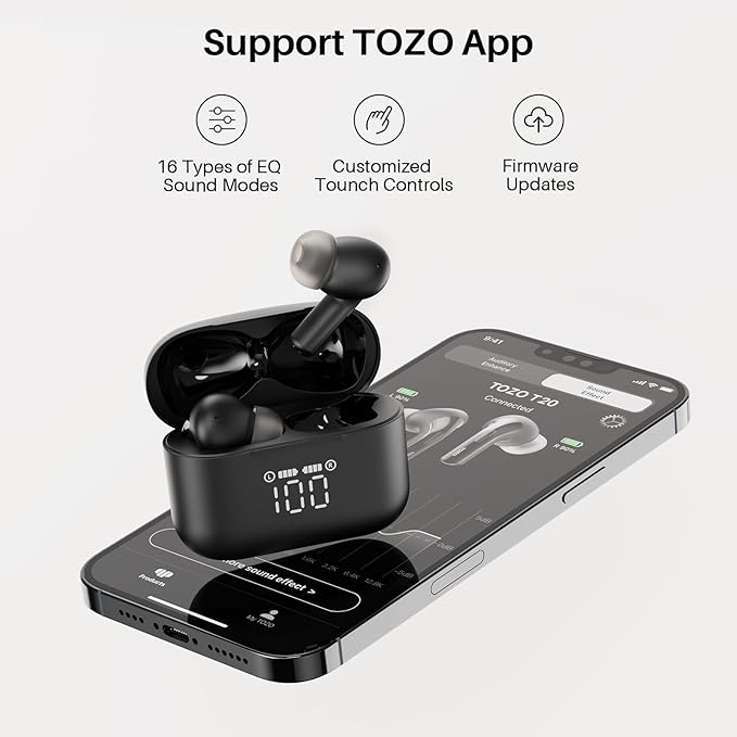 TOZO T20 Wireless Earbuds Bluetooth Headphones 48.5 Hrs Playtime with LED Digital Display, IPX8 Waterproof, Dual Mic Call Noise Cancelling 10mm Broad Range Speakers, 2025 Version-StrideForce Fitness