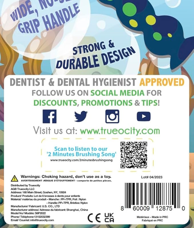 Trueocity Kids Toothbrush 6 Pack - Soft Contoured Bristles - Child Sized Brush Heads (3-10 Year Old) - Suction Cup for Fun & Easy Storage - Girl & Boy Set (6-Pack, Multi-Color)