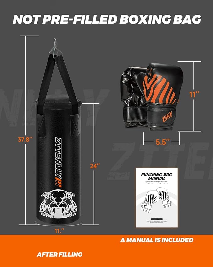Kids Punching Bag with Gloves - PU Leather & Adjustable Height Strap - Boxing Bag Set for 3-8-14 Years Kids/Youth Great for Boxing, MMA, Kickboxing