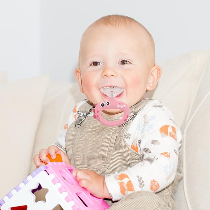 U Shaped Kids Toothbrush for Oral Care - 360° Rotating Silicone Head - Manual Self Brushing Toothbrush - Dinosaur Fun Brush for Ages 0-3 Kids Pink