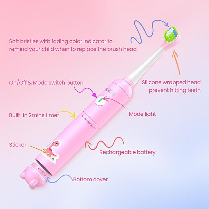 YUNCHI K5 Kids Electric Toothbrush Rechargeable with Waterproof Stickers, 3 Modes with 2 Minutes Timer, Toddler Children Sonic Toothbrush for Girls Ages 3-12, 4 Replacement Heads Soft Bristles, Pink