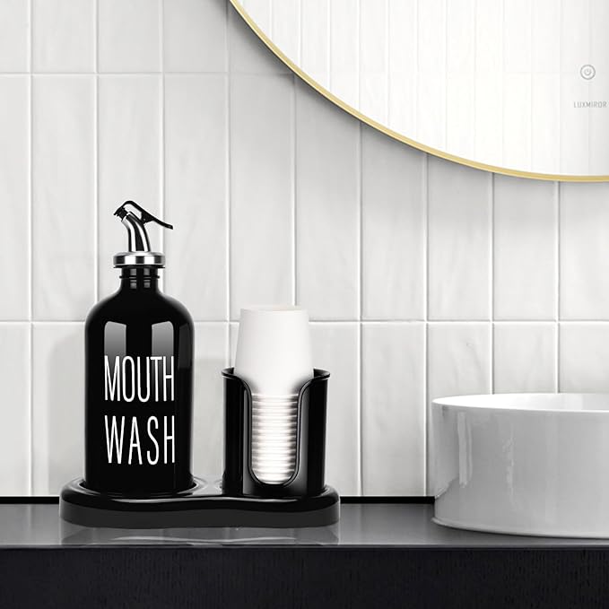 Glass Mouthwash Dispenser with Cup Holder,BYAWAY Mouthwash Set for Bathroom,16 OZ Refillable Mouthwash Bottle Container with 14 Mouthwash Cups,Funnel (Black)