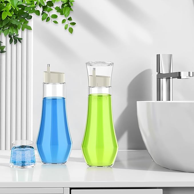 Glass Mouthwash Dispenser for Bathroom, 8.8 oz Refillable Mouthwash Container With Lid Cup, Small Clear Mouthwash Bottle for Countertop