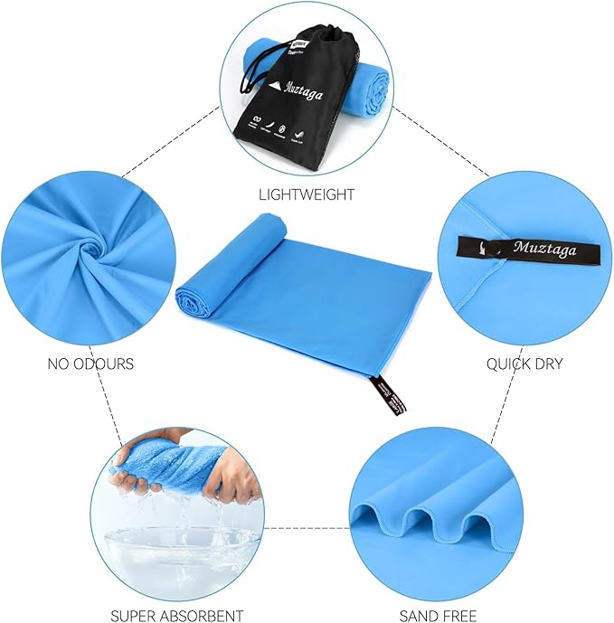 Microfiber Beach Towel Perfect for Travel, Sports, Camping, Swimming, Yoga, Gym-Quick Dry, Sand Free, Compact, Lightweight, Absorbent(Blue,X-Large(200x90cm, 78x35”))