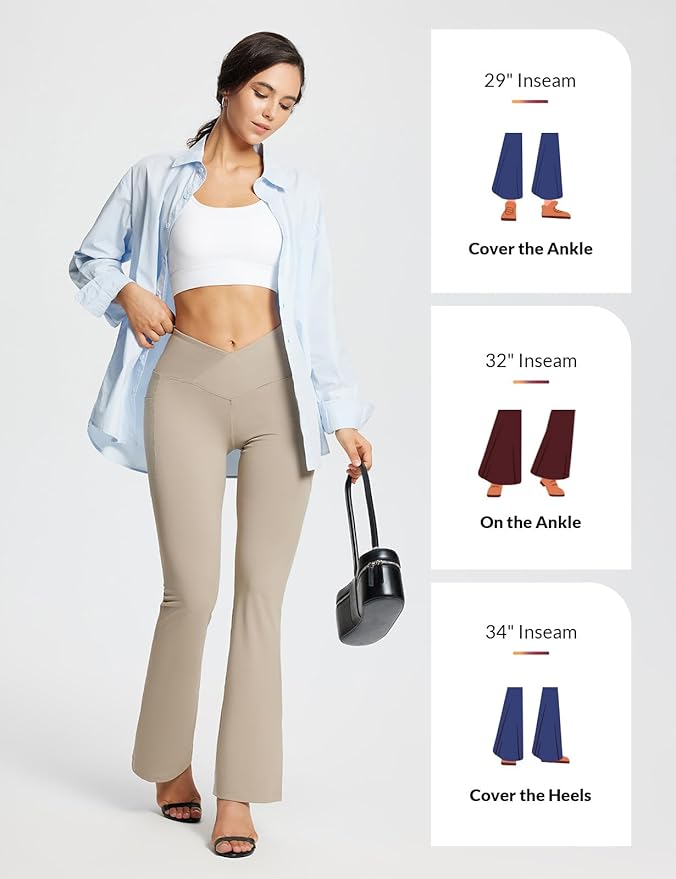 baleaf Women's V Crossover Flare Leggings with Pockets Yoga Pants High Waist Casual Workout Gym Bell Bottom Leggings-StrideForce Fitness