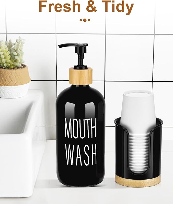 Pump Mouthwash Dispenser with Bathroom Cup Holder, Glass Mouthwash Container, Mouth Wash Bottle Decanter, Small PC 3 oz Cup Dipsenser, Black, Printed Font