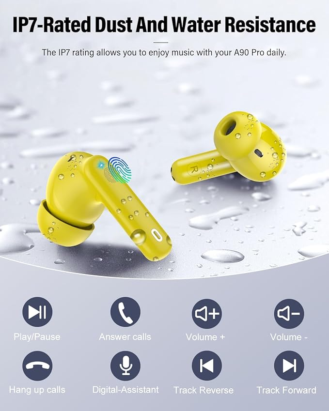 Wireless Earbuds, Bluetooth 5.4 Headphones Bass Stereo, Ear Buds with Noise Cancelling Mic, IP7 Waterproof in Ear Earphones, 36H LED Display Bluetooth Earbuds for Laptop Pad Phones Sports, Yellow-StrideForce Fitness