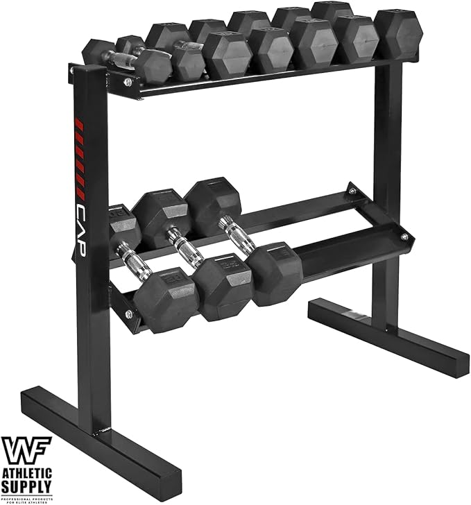 WF Athletic Supply Rubber Coated Hex Dumbbell Set with Two Tier Premium Storage Rack Built for Strength Building, Weight Loss & Home Gym ??Multiple Sets Available