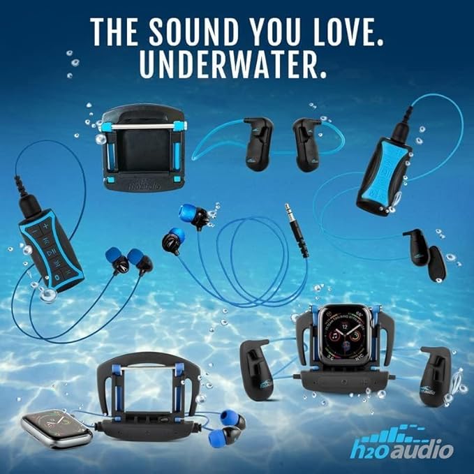 H2O Audio Stream 3 PRO and Surge S+ Earbuds - Underwater Streaming Music Waterproof MP3 Player for Swimming with Bluetooth and Short Cord Underwater Headphones with Superior Sound Quality (Blue)-StrideForce Fitness