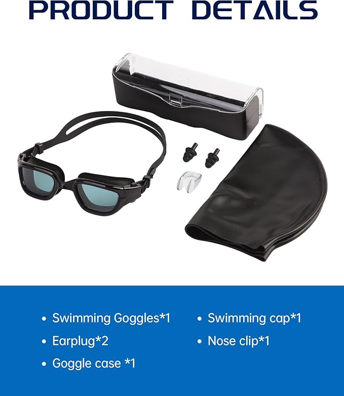 Swim Goggles, Goggles Adult with Swimming Cap, Nose Clip & Ear Plugs, UV Protection Anti-Fog Lens and Case for Adult-StrideForce Fitness