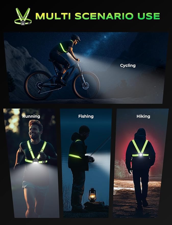 500LM High-Visibility Running Lights for Runners with 7 Modes, Adjustable 45° Beam, 360° Reflective Vest & IPX4 Waterproof Running Vest for Night Walking/Cycling/Jogging, 3.5-20Hrs Runtime-StrideForce Fitness