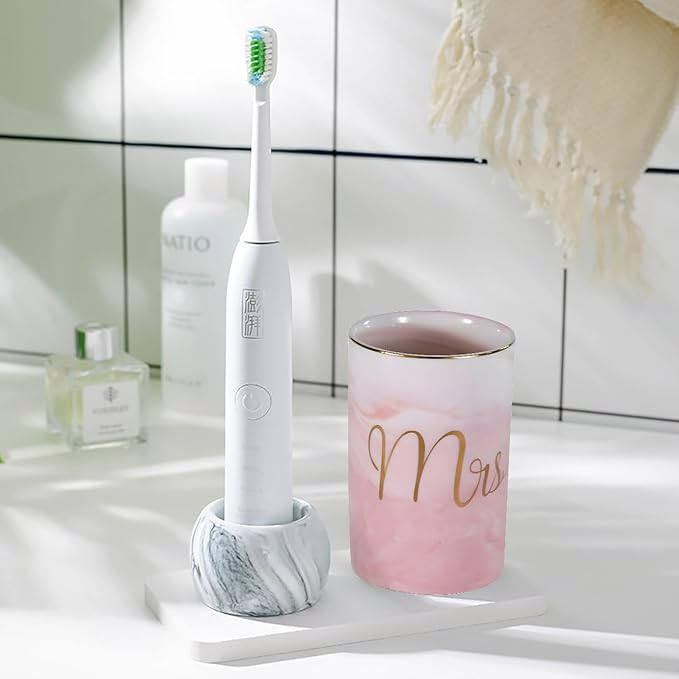 Kelake Ceramic Rustic Pink Marble Bathroom Tumbler Cup for Mouthwash Rinsing Toothbrush and Toothpaste Holder Letters Stand Cups 280 ml Porcelain Milk Drinking Cups for Christmas Birthday