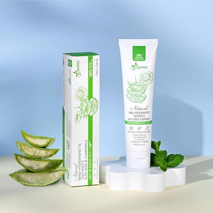 Natural Fluoride Free Toothpaste - Nano Hydroxyapatite, Remineralizing, Sensitive Teeth, Whitening & Zero Waste Tube - Dentist Recommended for Adult & Kids Oral Aloe Vera & Chamomile (2 Pack, Aloe)