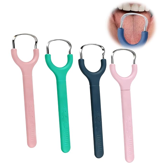 4 Pcs Tongue Scraper for Adults, 4 Colors Stainless Steel Metal Oral Cleaner, Reusable Tongue Hygiene Tool, Portable Tool for Travel and Home Use