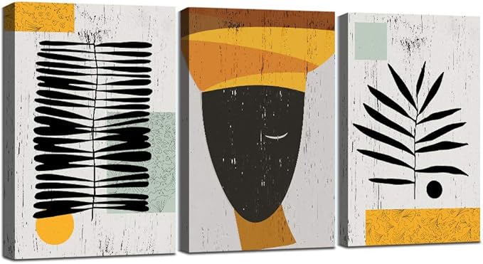 Framed Canvas Wall Art African Ethno Motive Wall Art Set, Abstract Ethno Art, African American Woman Portrait, Black Orange Print, Contemporary Collage, Minimalist (A-3pcs,16x24inchx3pcs)-StrideForce Fitness