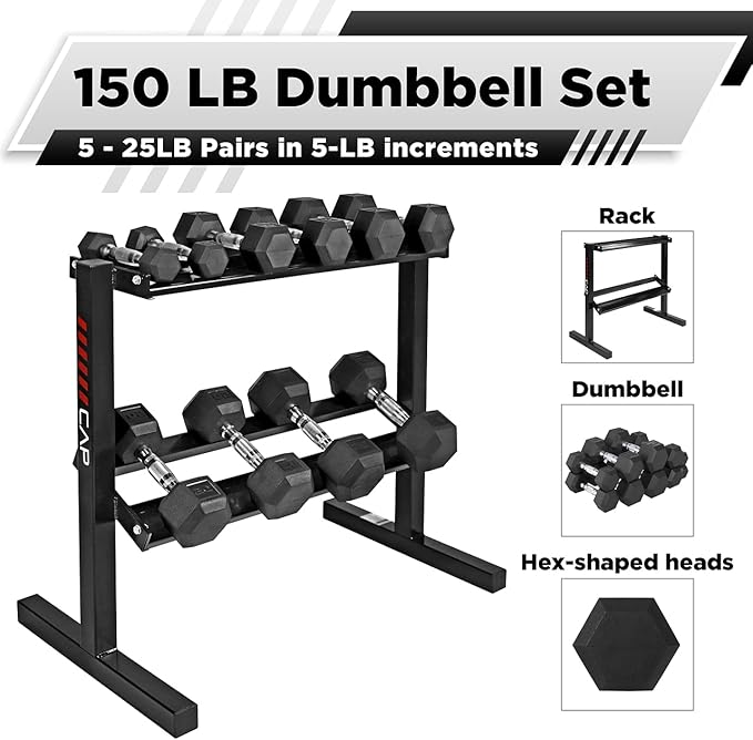 WF Athletic Supply Rubber Coated Hex Dumbbell Set with Two Tier Premium Storage Rack Built for Strength Building, Weight Loss & Home Gym ??Multiple Sets Available