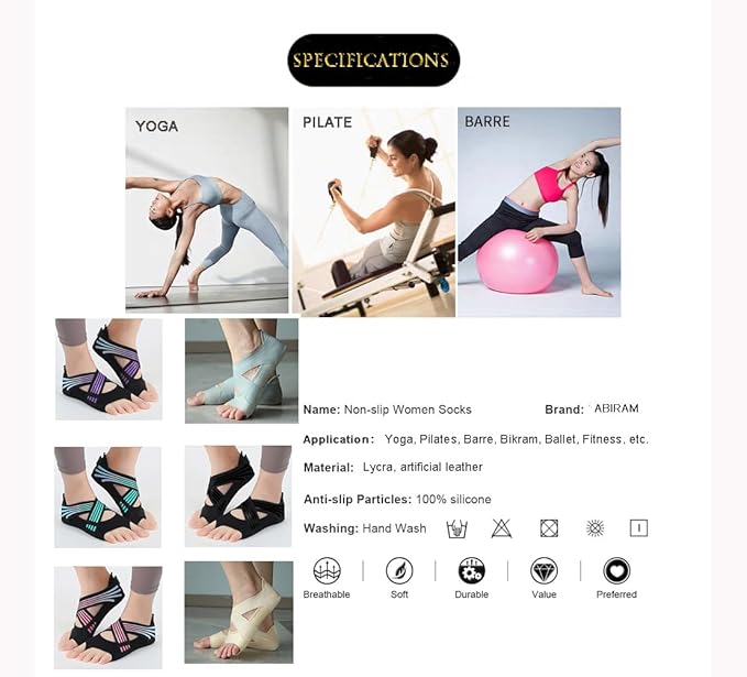 ABIRAM Yoga Socks Toeless Non-Slip Grips & Straps, for Pilates, Barre, Ballet, Bikram, Workout for Women-StrideForce Fitness