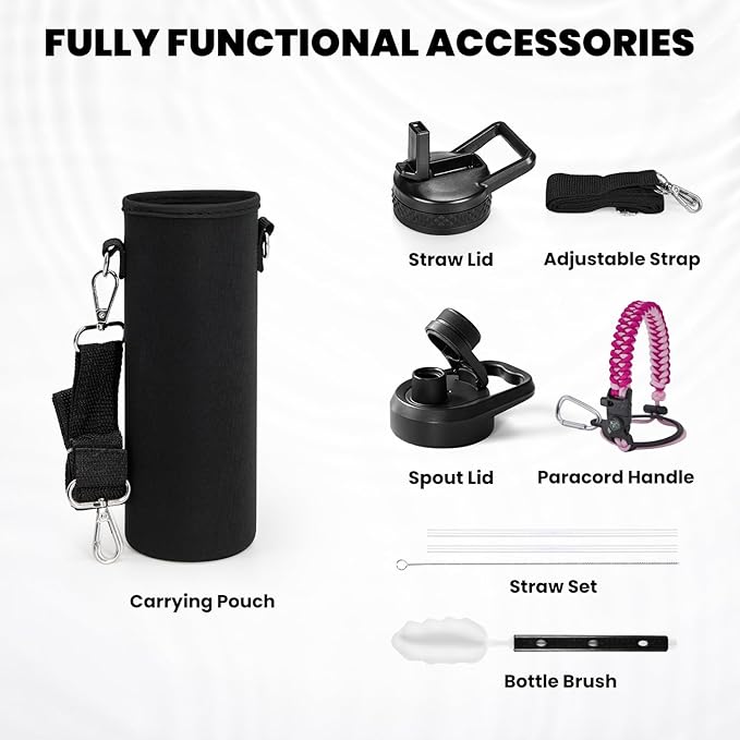 Insulated Water Bottle 24oz, Triple Wall Vacuum Stainless Steel (Cold for 48 Hrs, Hot for 24Hrs), Leak Proof & Non-BPA, 24oz Hydro Water Flask with Paracord Handle & Straw Spout Lids-StrideForce Fitness