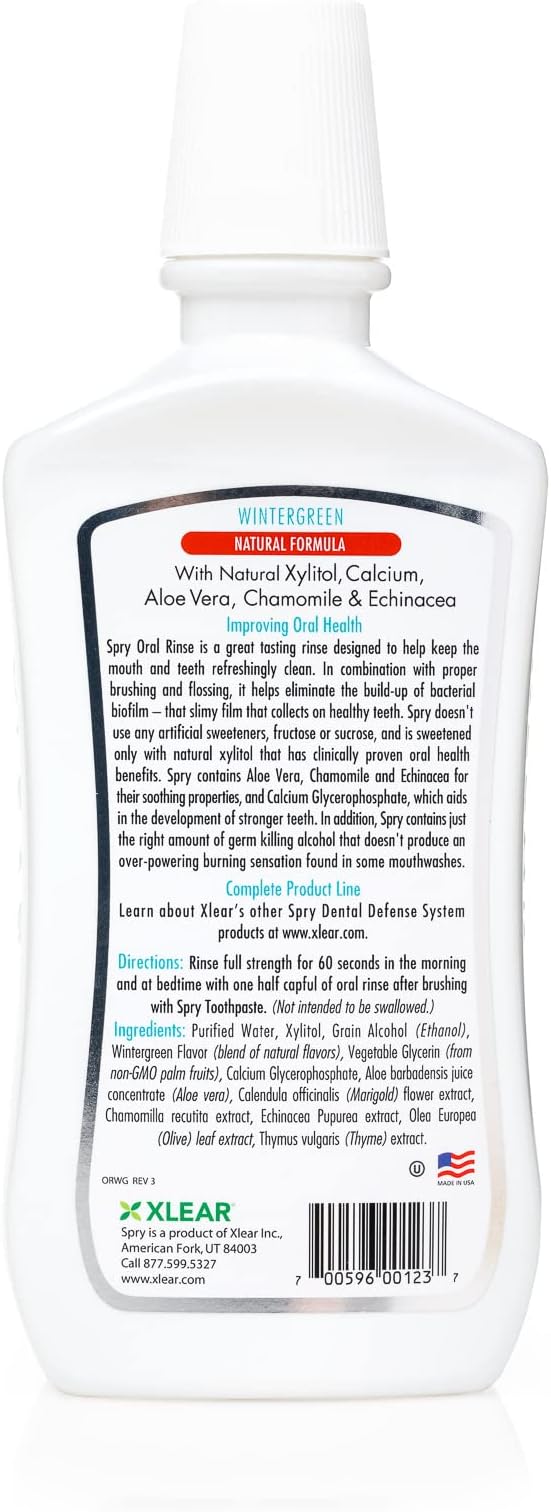 Spry Natural Xylitol Mouthwash Fluoride Free with Enamel Support, Gentle Alcohol Oral Rinse, Non-GMO, Wintergreen - 16 fl oz (Pack of 1)