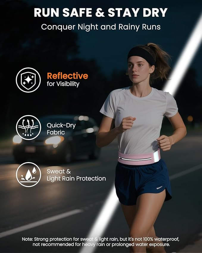 Running Belt for Women and Men, Adjustable Fanny Packs No Bounce Phone Holder for Running with Water Bottle & Headband, Waterproof Reflective Waist Packs for Runner Fits All Phones (L-Pink)
