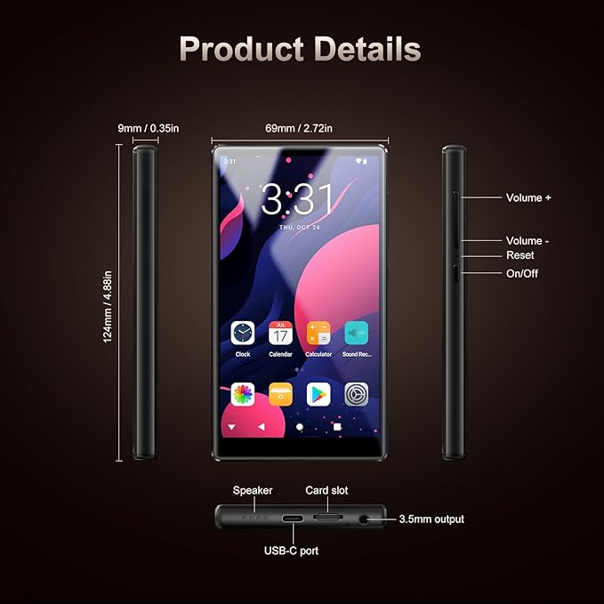 96GB MP3 Player with Bluetooth WiFi, Android 13 OS MP3 & MP4 Players with 5" IPS HD Touchscreen and Speaker, 4GB RAM & 32GB ROM, 2500mAh Music Player with Spotify, Play Store-StrideForce Fitness