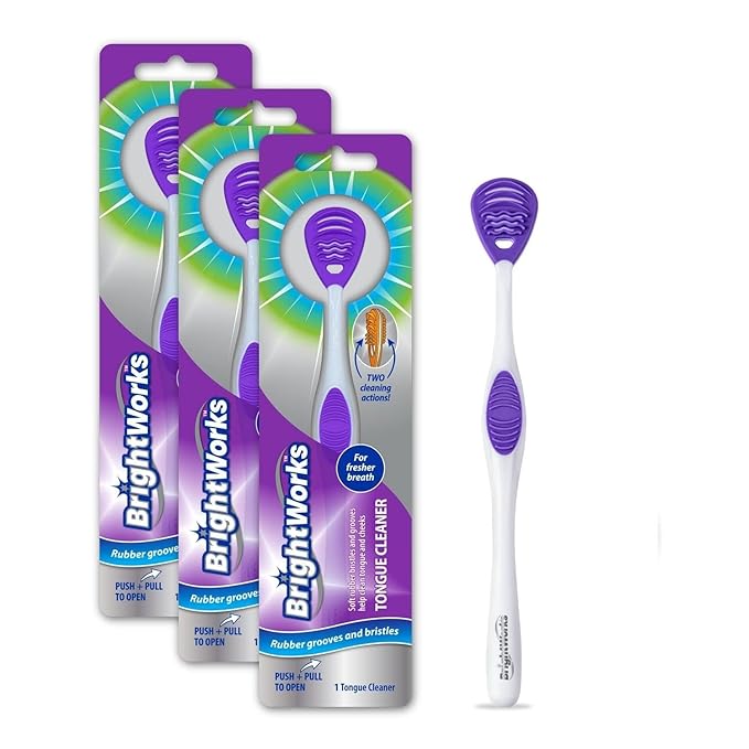 Tongue Cleaner (3-Pack) with Gentle Cheek Scraper. Two-Sided Head with Dual Action Cleaning for Fresh Breath.