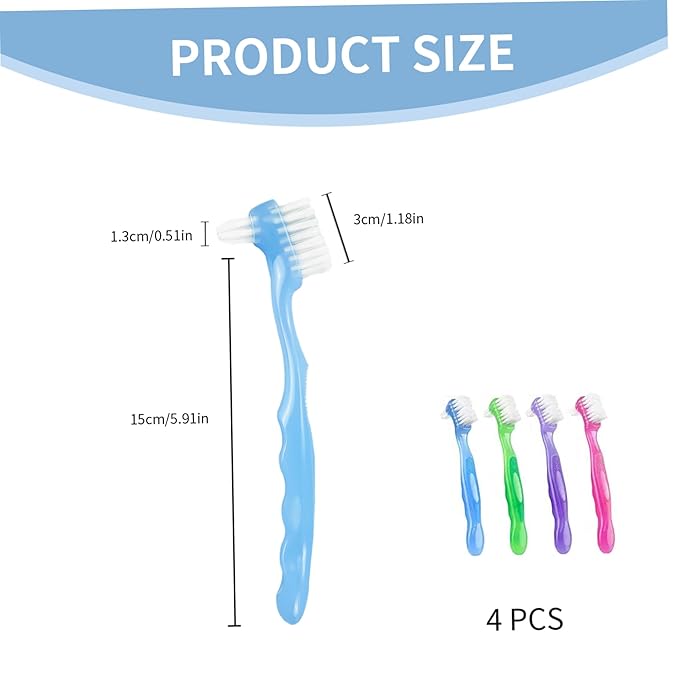 Denture Brushes 4Pcs Denture Brush, Dual Head Toothbrush with Hard Bristles, Comfortable Handle for Elderly, Easy to Use Hard Hygienic Bristle Toothbrush
