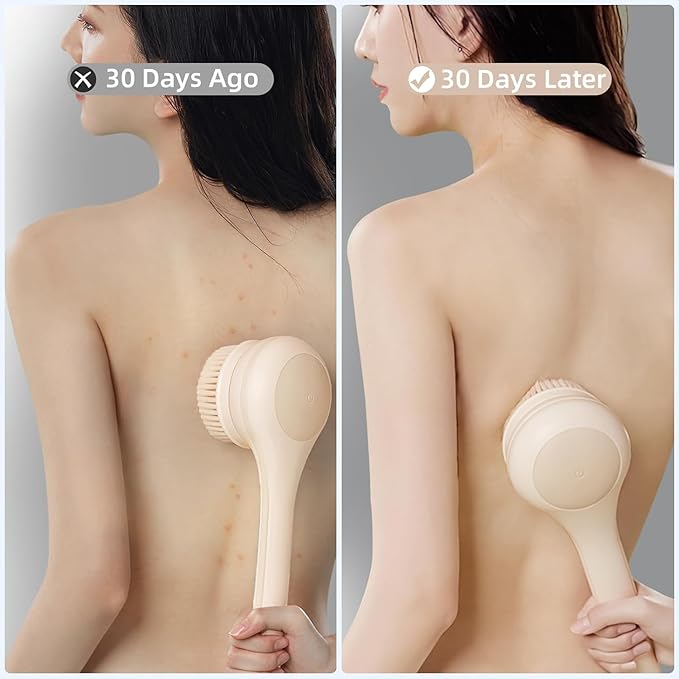 Electric Body Brush Back Scrubber for Shower, Waterproof Long Dual Handle Power Body Scrubber with 3 Heads, Rechargeable Bath Brush & 2 Speeds, for Cleansing, Exfoliating and Massaging Skin-StrideForce Fitness