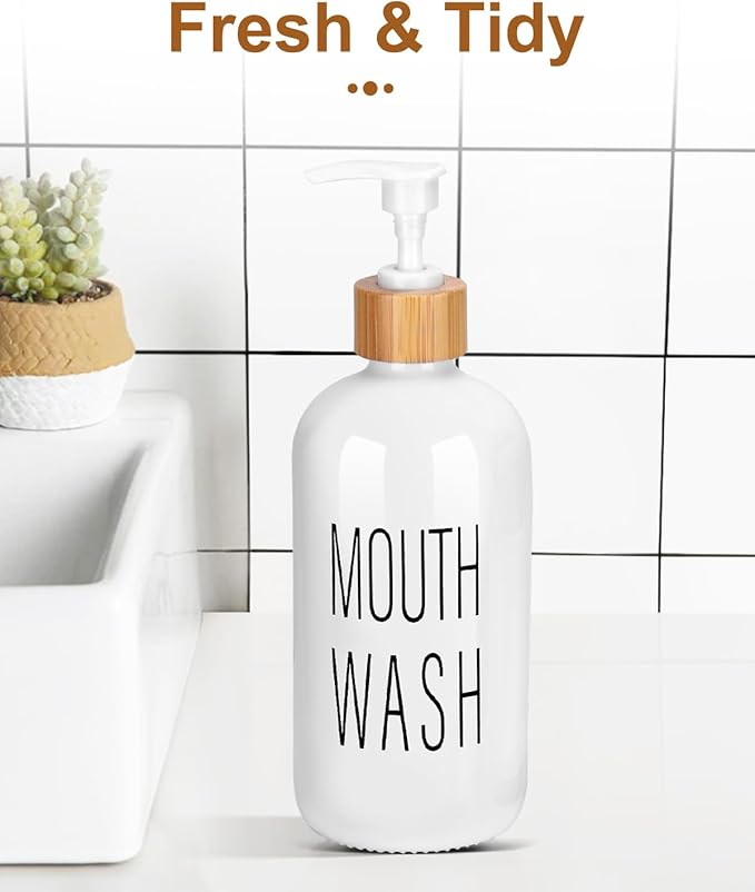 Pump Mouthwash Dispenser, Glass Mouthwash Container for Bathroom Countertop, Mouth Wash Bottle Decanter, White, Printed Font